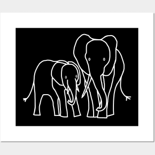 White Line Minimal Design Little Elephant and Big Elephant Posters and Art